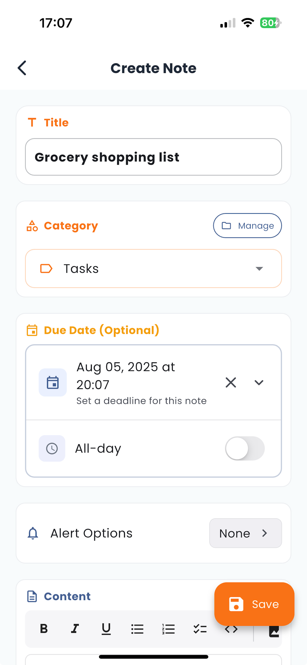 Create new notes with rich formatting